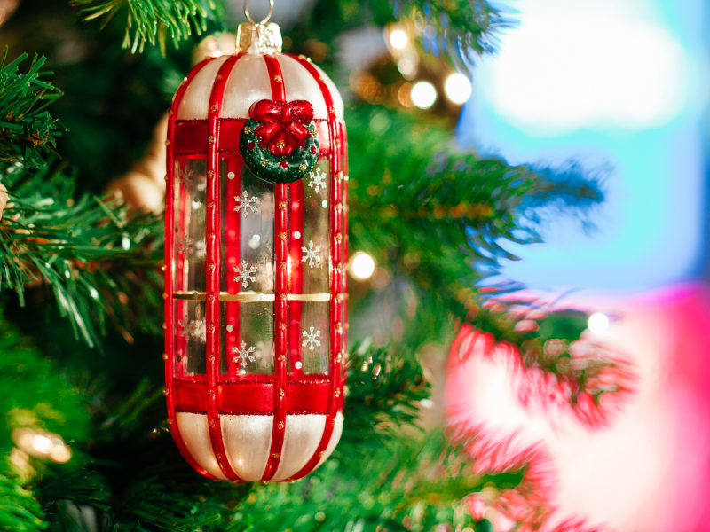 A hotel elevator shaped Christmas tree ornament.